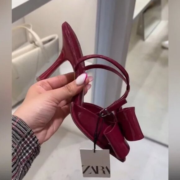 Zara Patent Leather Effect Bow Heel Sandal NWT Strawberry Red Size 37/ 6.5 - Picture 8 of 10